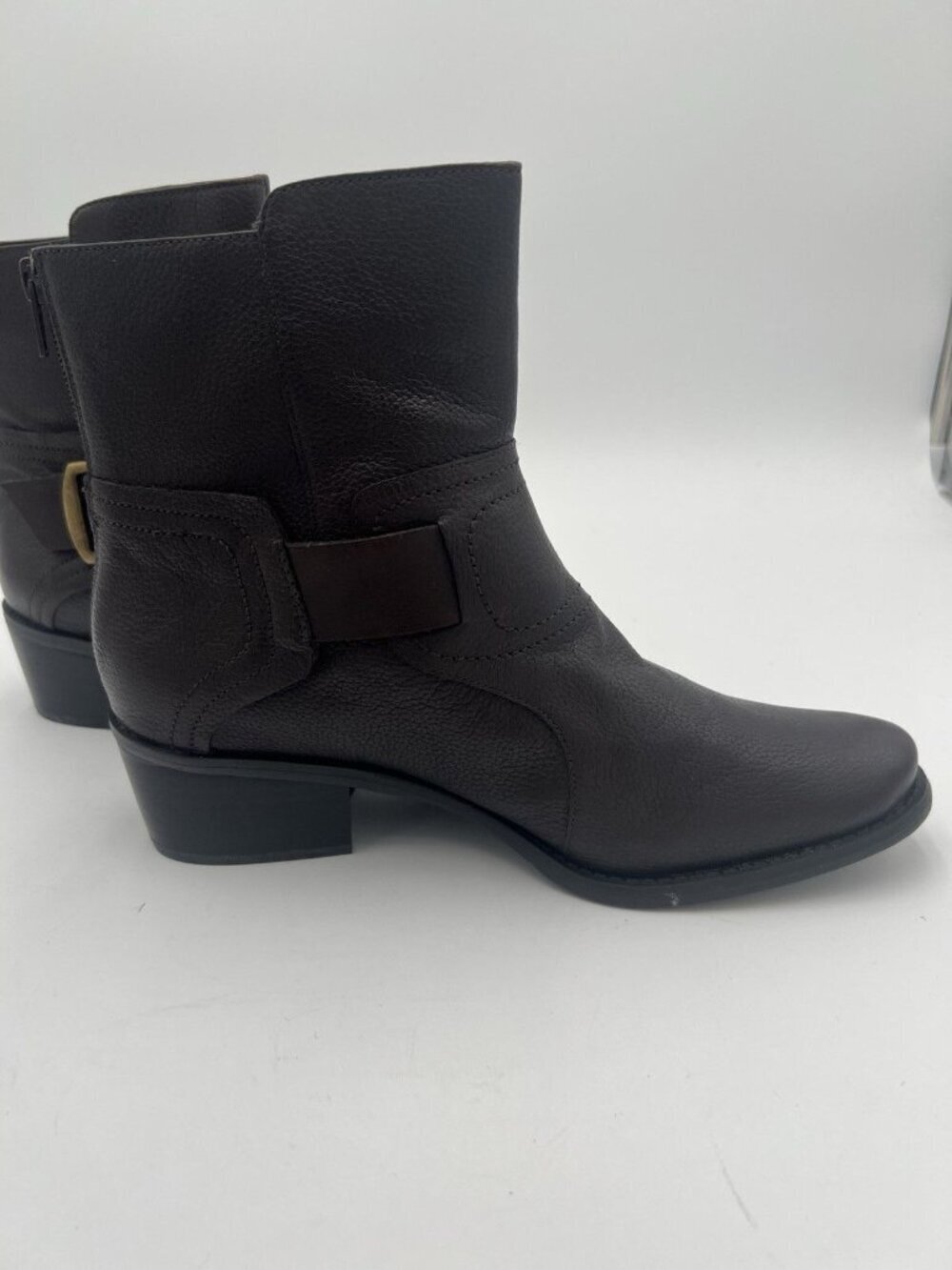 Nine West Sylvia Ankle Boots Brown Pebbled Leather Buckle Block Heel Size 9 NWOB - Picture 7 of 14